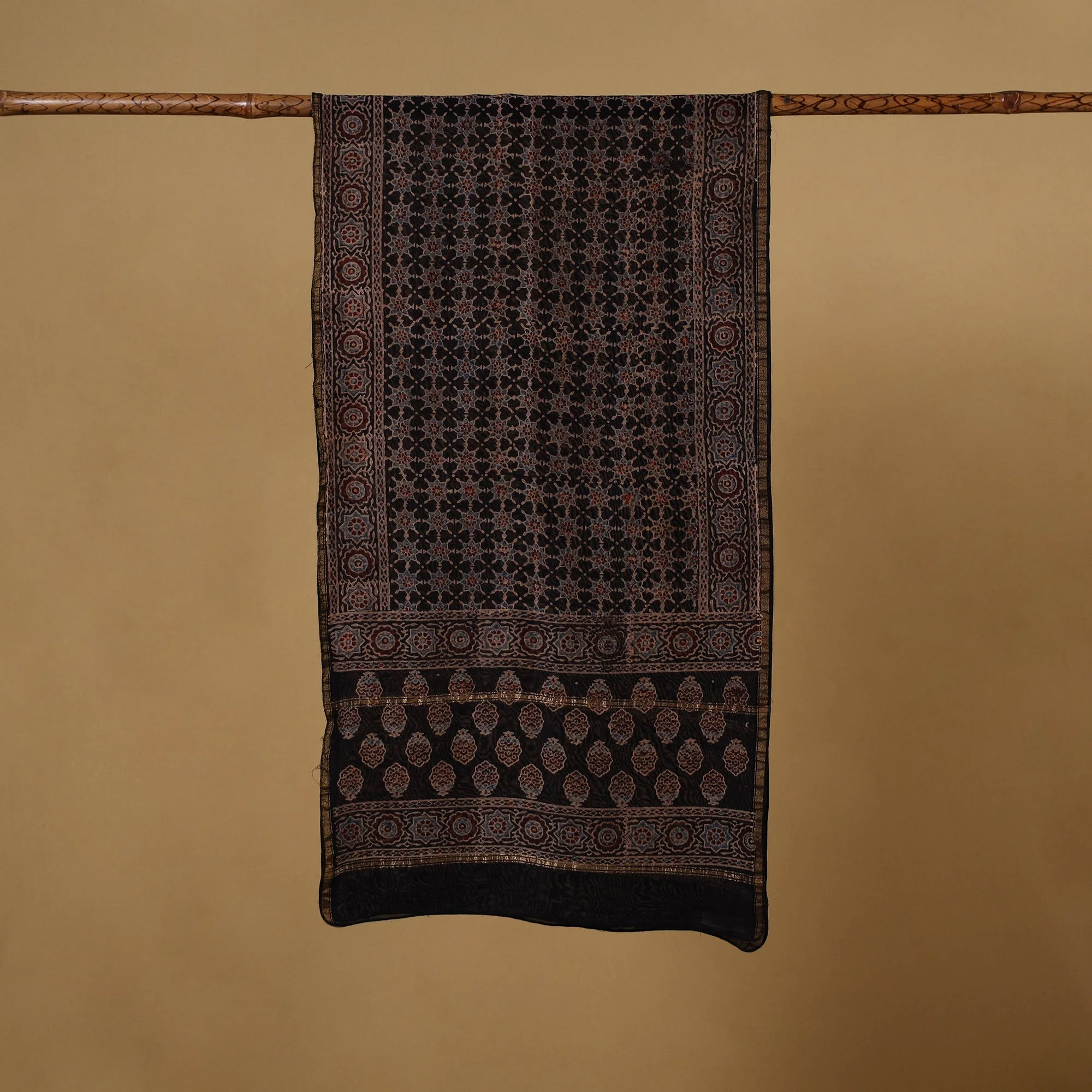 Black - Handloom Chanderi Silk Natural Dyed Block Print Ajrakh Stole 04 - Image 3