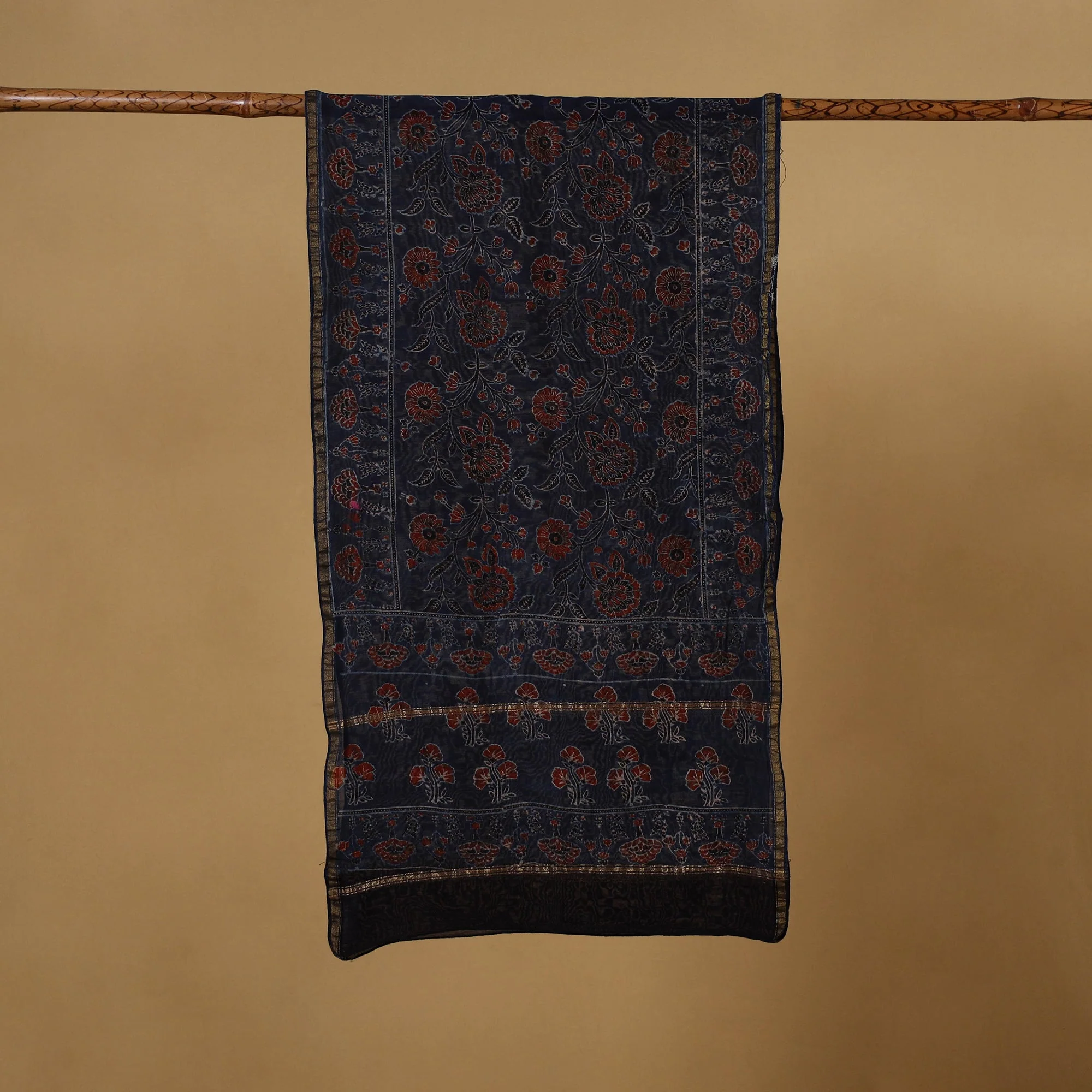 Blue - Handloom Chanderi Silk Natural Dyed Block Print Ajrakh Stole 06 - Image 3