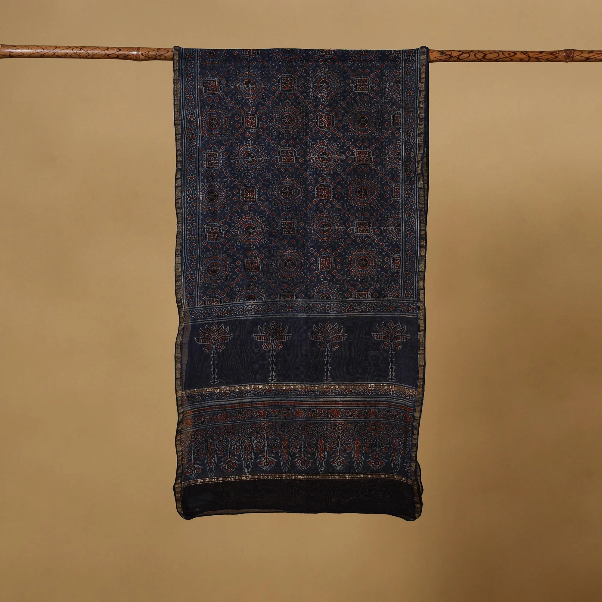 Blue - Handloom Chanderi Silk Natural Dyed Block Print Ajrakh Stole 10 - Image 3