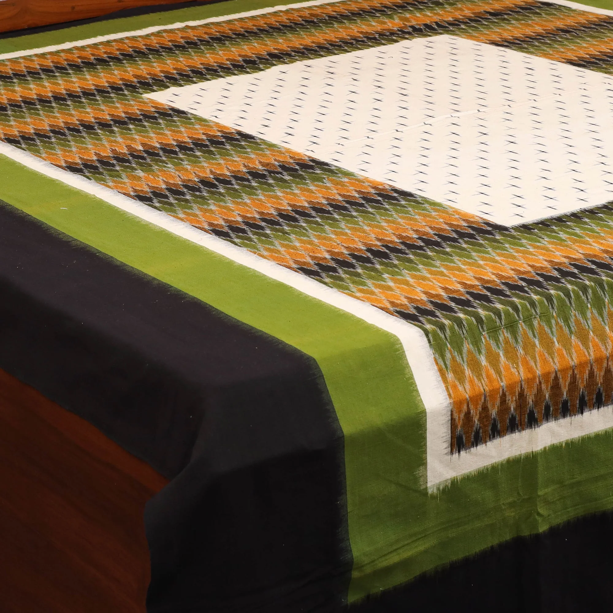 Multicolor - Handloom Cotton Double Ikat Pochampally Bedsheet (108 x 90 in) 28 - Image 3