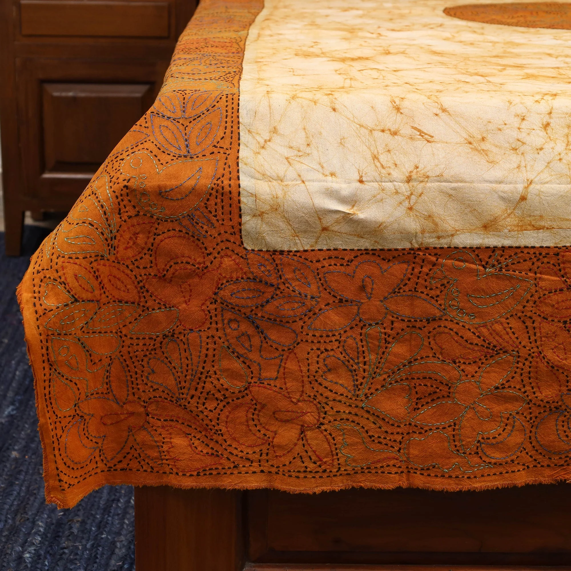 Yellow - Kantha Handwork Cotton Single Hand Batik Print Bed Sheet 02 - Image 3