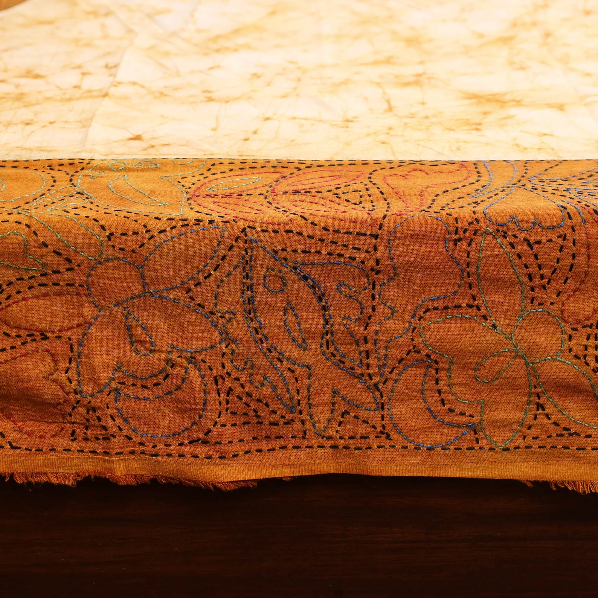 Yellow - Kantha Handwork Cotton Single Hand Batik Print Bed Sheet 02 - Image 4