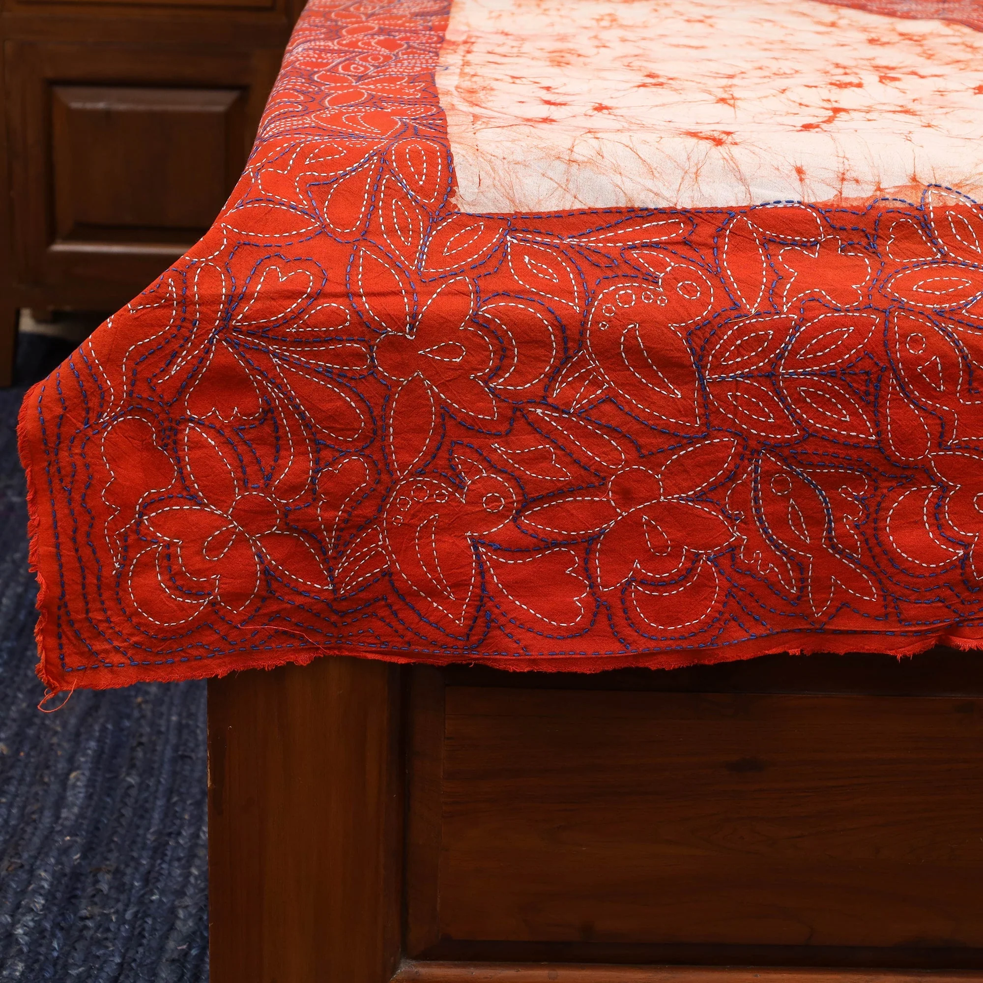 Orange - Kantha Handwork Cotton Single Hand Batik Print Bed Sheet 03 - Image 3