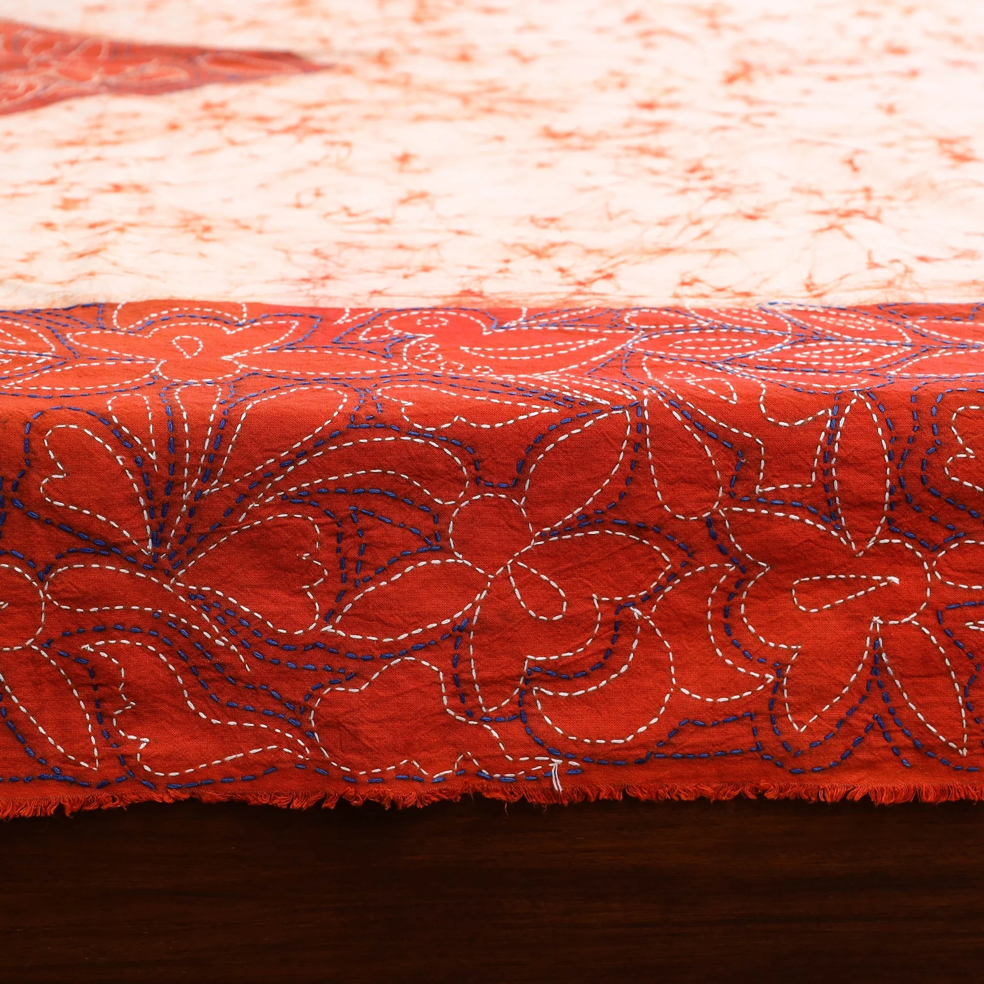 Orange - Kantha Handwork Cotton Single Hand Batik Print Bed Sheet 03 - Image 4