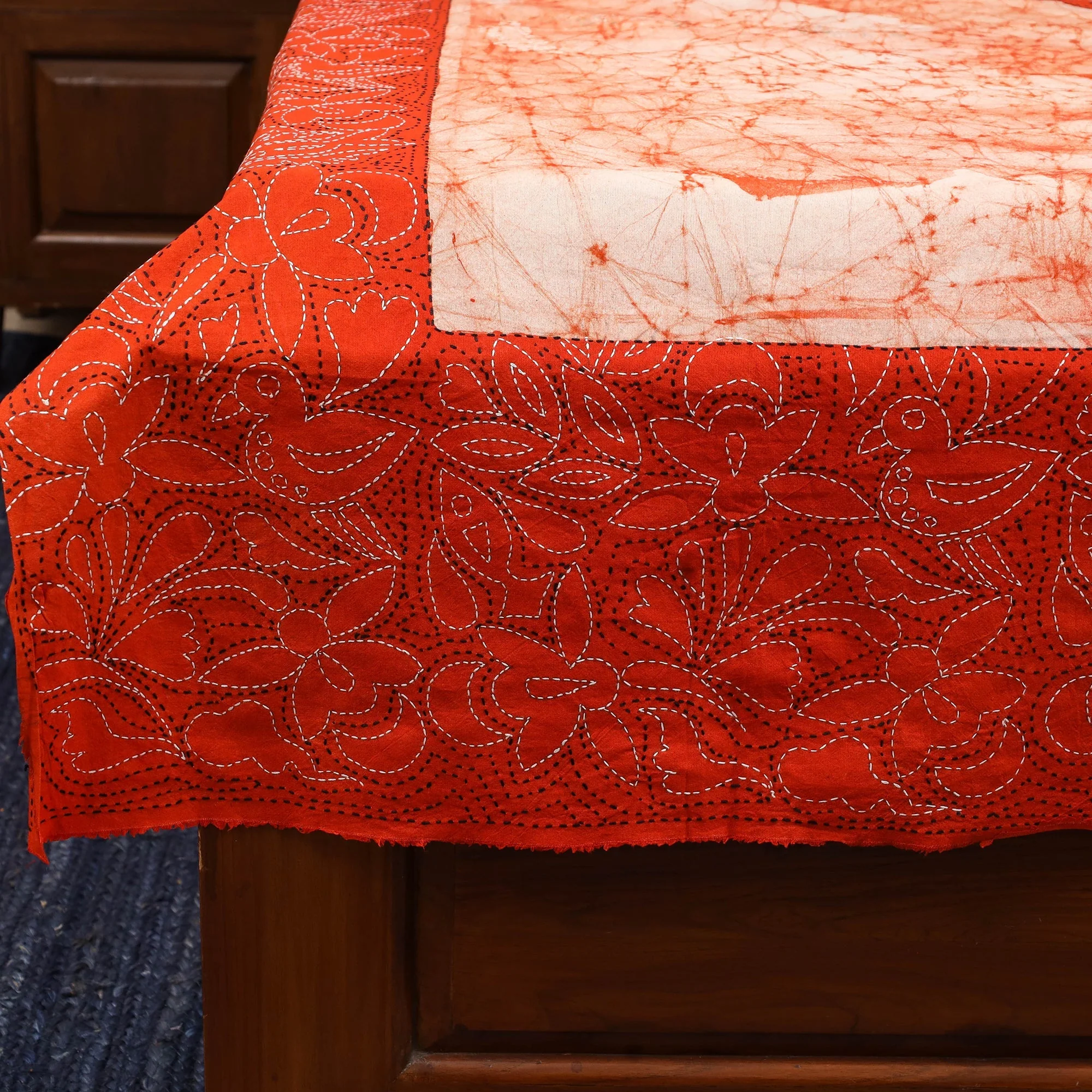 Orange - Kantha Handwork Cotton Single Hand Batik Print Bed Sheet 04 - Image 3