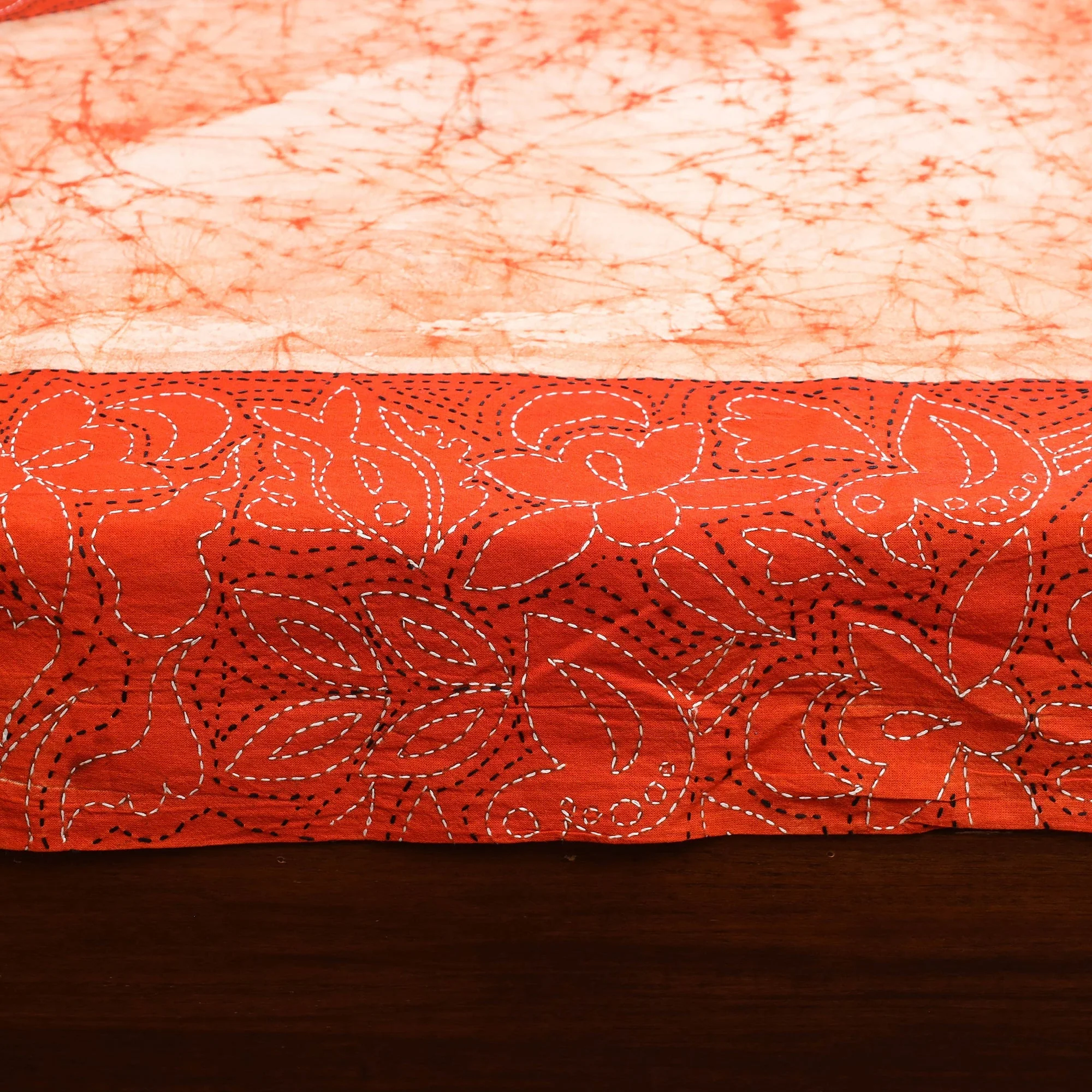 Orange - Kantha Handwork Cotton Single Hand Batik Print Bed Sheet 04 - Image 4