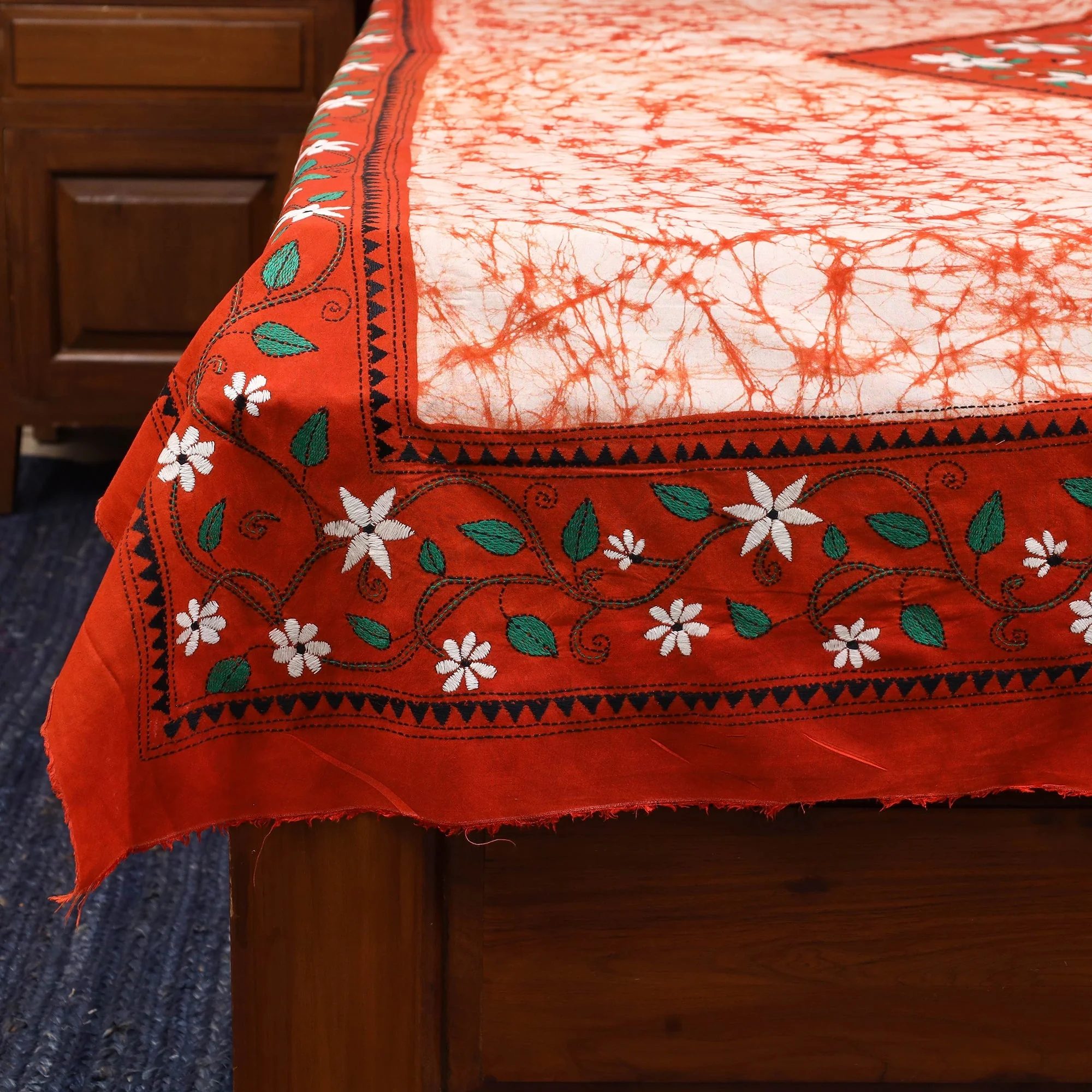 Orange - Kantha Handwork Cotton Single Hand Batik Print Bed Sheet 05 - Image 3