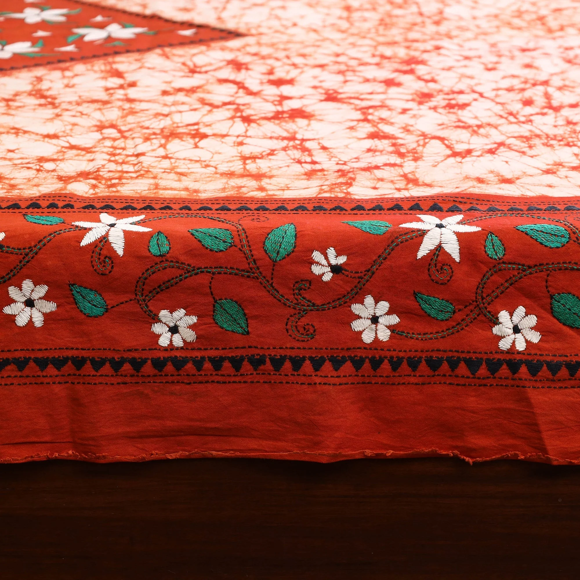 Orange - Kantha Handwork Cotton Single Hand Batik Print Bed Sheet 05 - Image 4