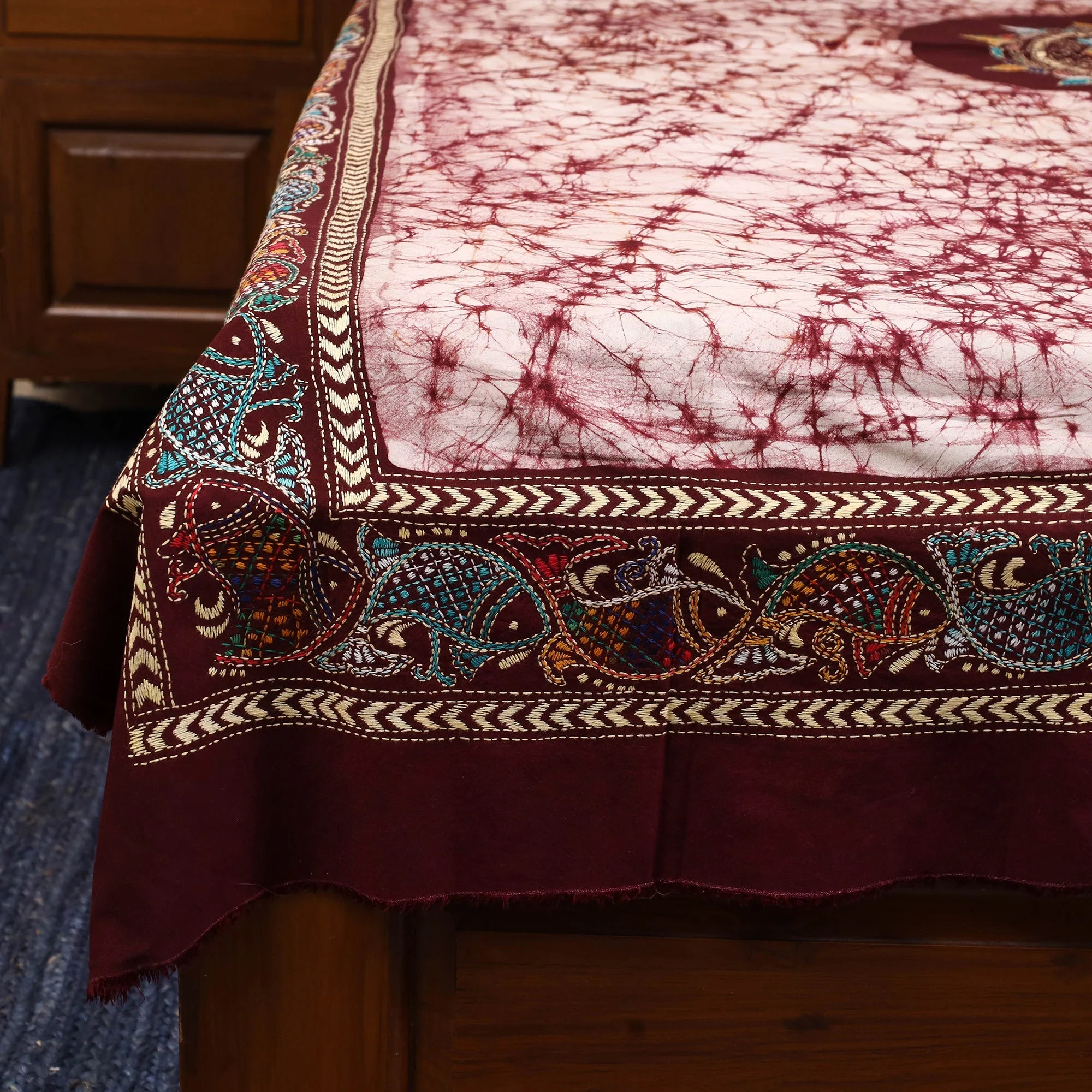 Brown - Kantha Handwork Cotton Single Hand Batik Print Bed Sheet 06 - Image 3