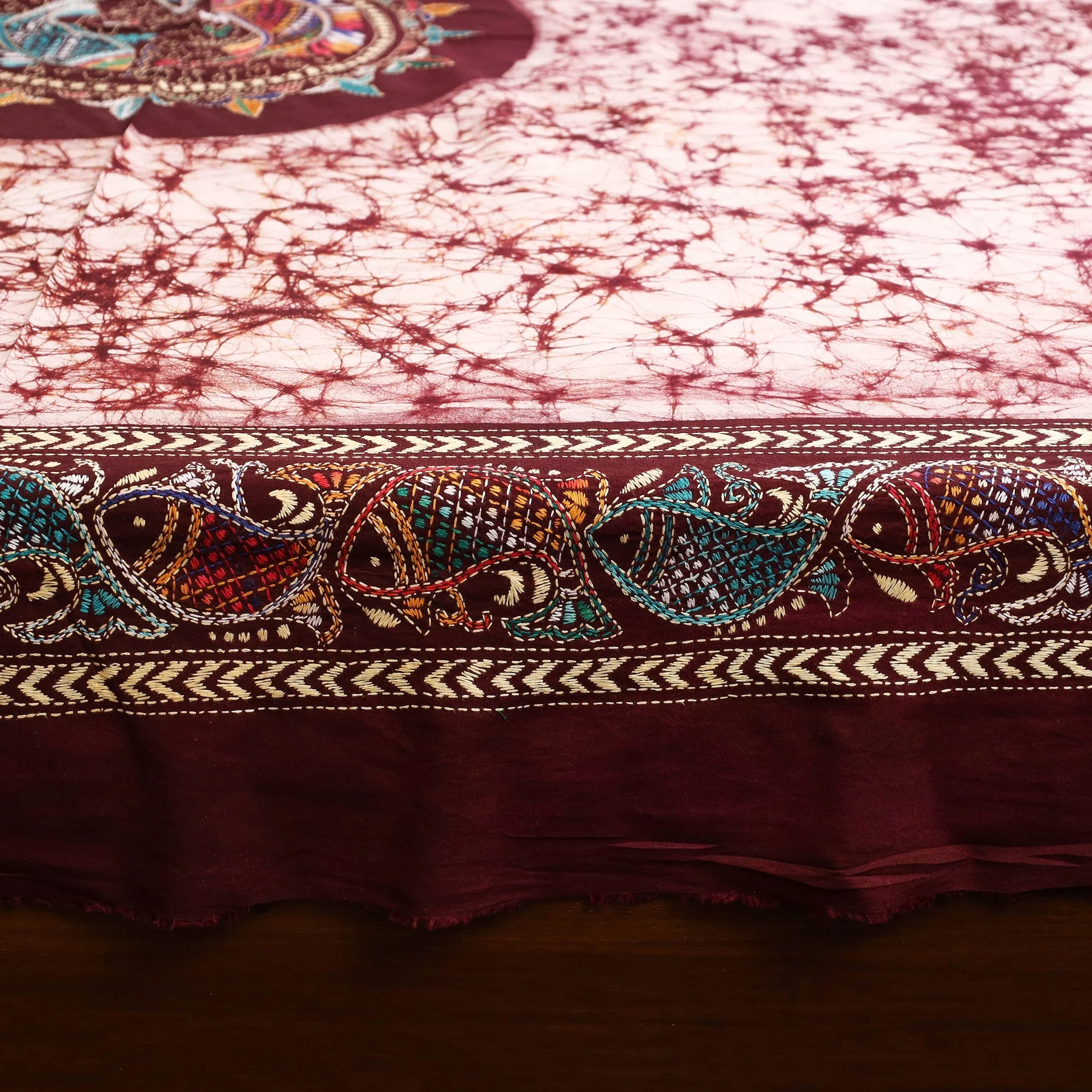 Brown - Kantha Handwork Cotton Single Hand Batik Print Bed Sheet 06 - Image 4