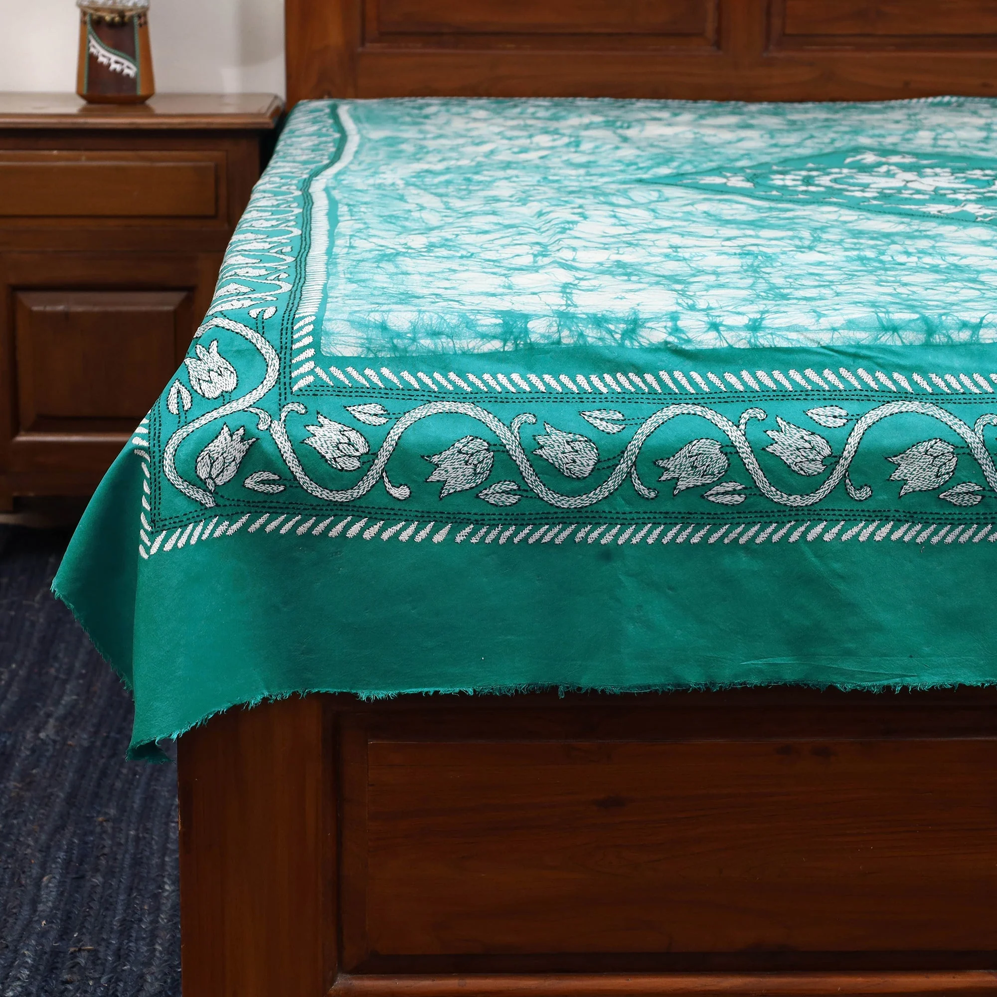 Green - Kantha Handwork Cotton Single Hand Batik Print Bed Sheet 09 - Image 3