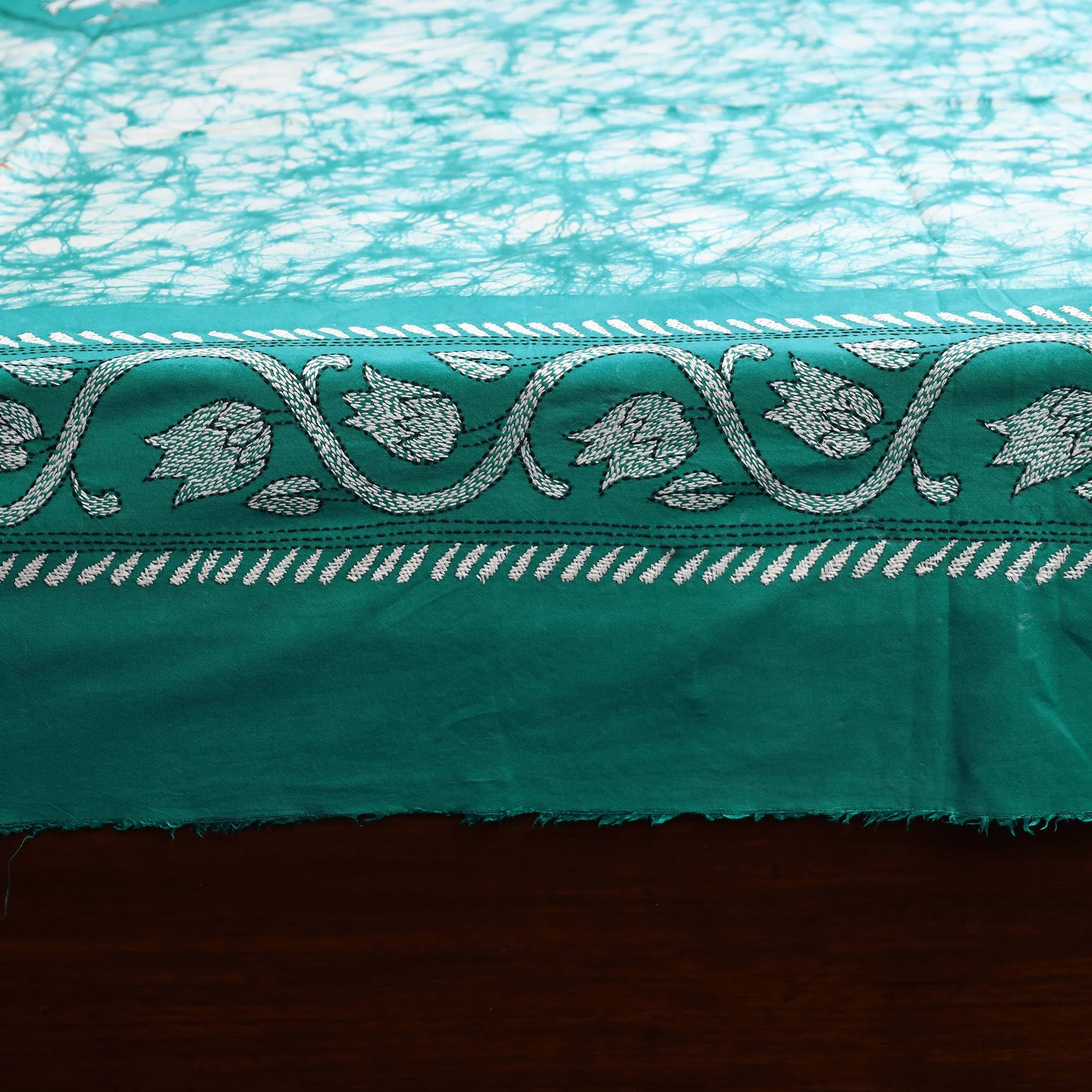Green - Kantha Handwork Cotton Single Hand Batik Print Bed Sheet 09 - Image 4