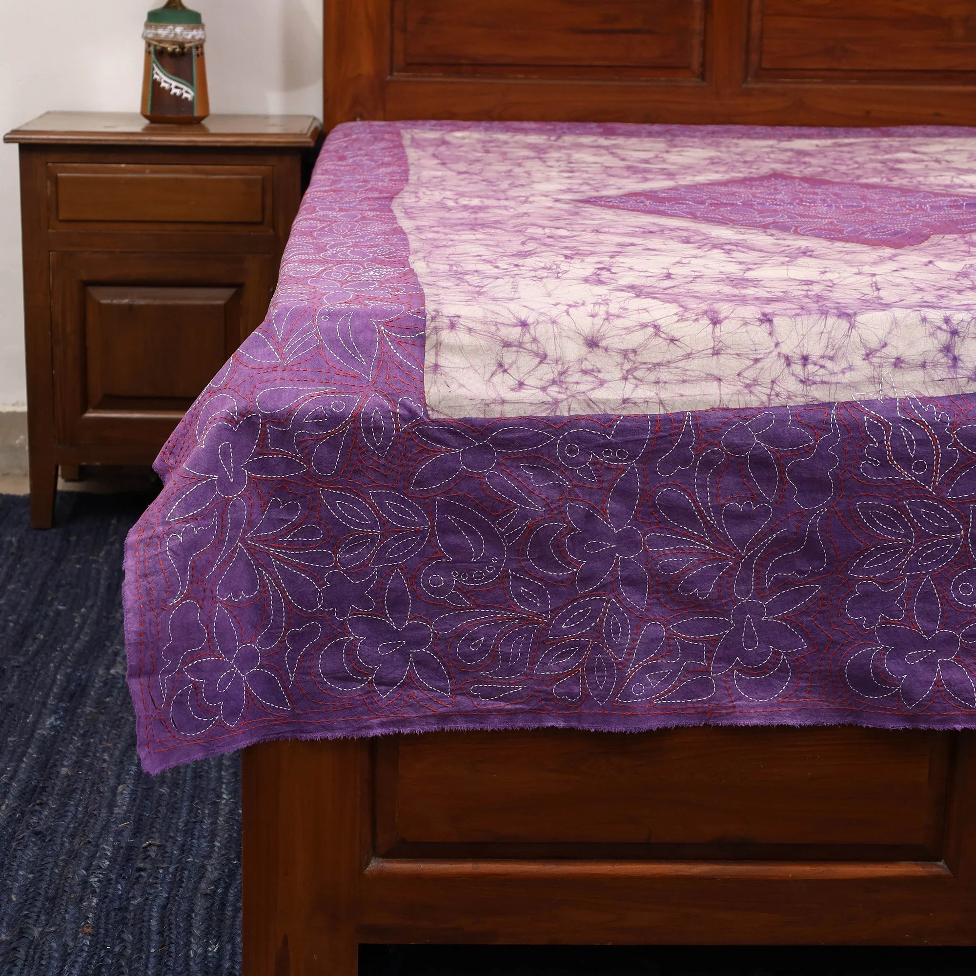 Purple - Kantha Handwork Cotton Single Hand Batik Print Bed Sheet 11 - Image 3