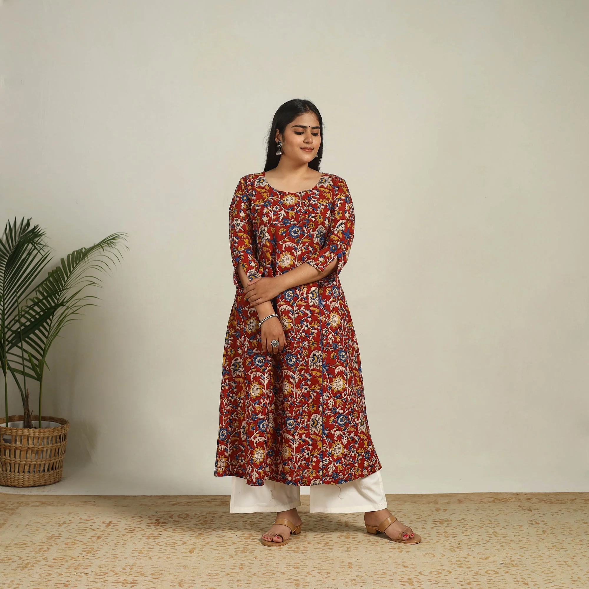 Red - Printed Cotton A-Line Kalamkari Kurta 03 - Image 3