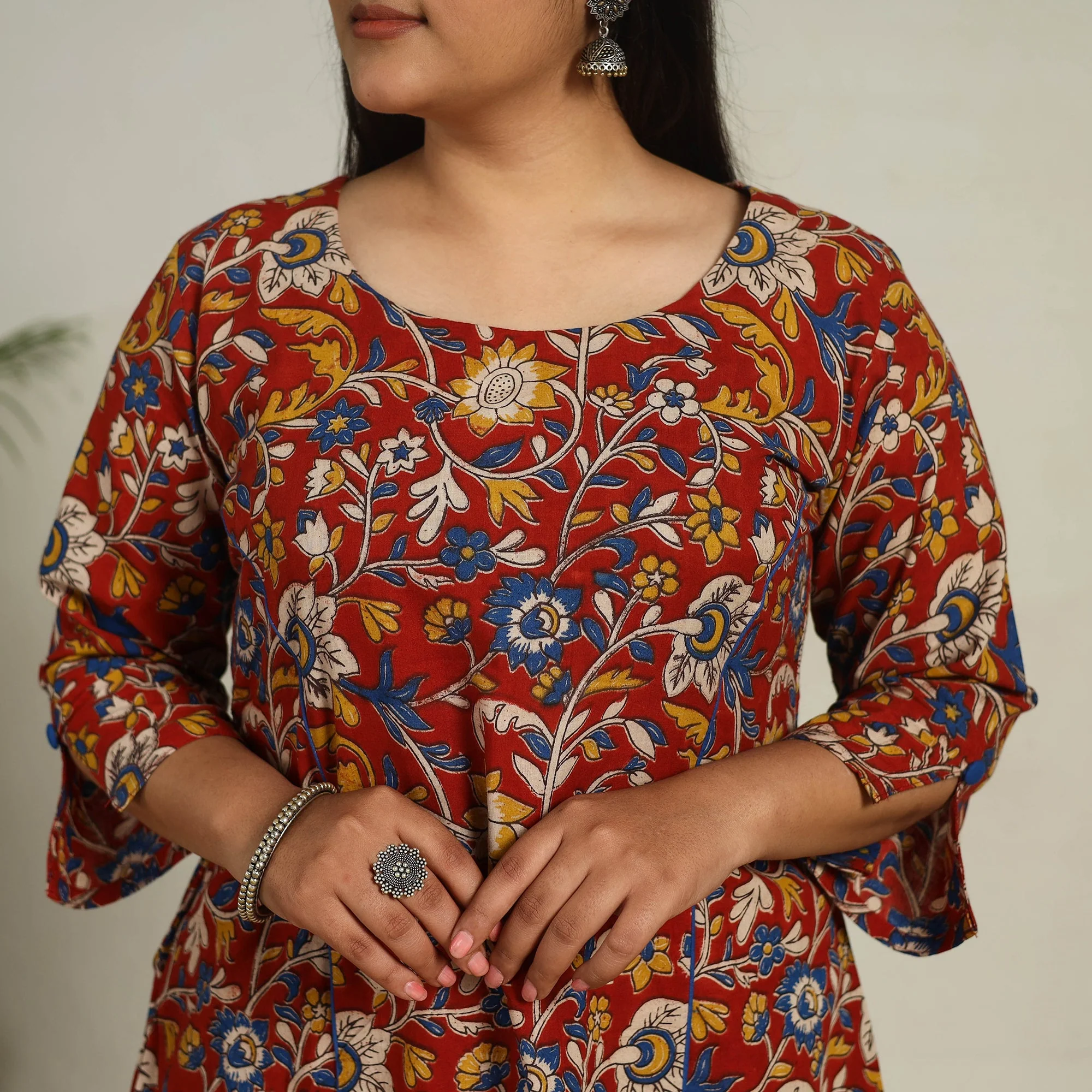 Red - Printed Cotton A-Line Kalamkari Kurta 03 - Image 4