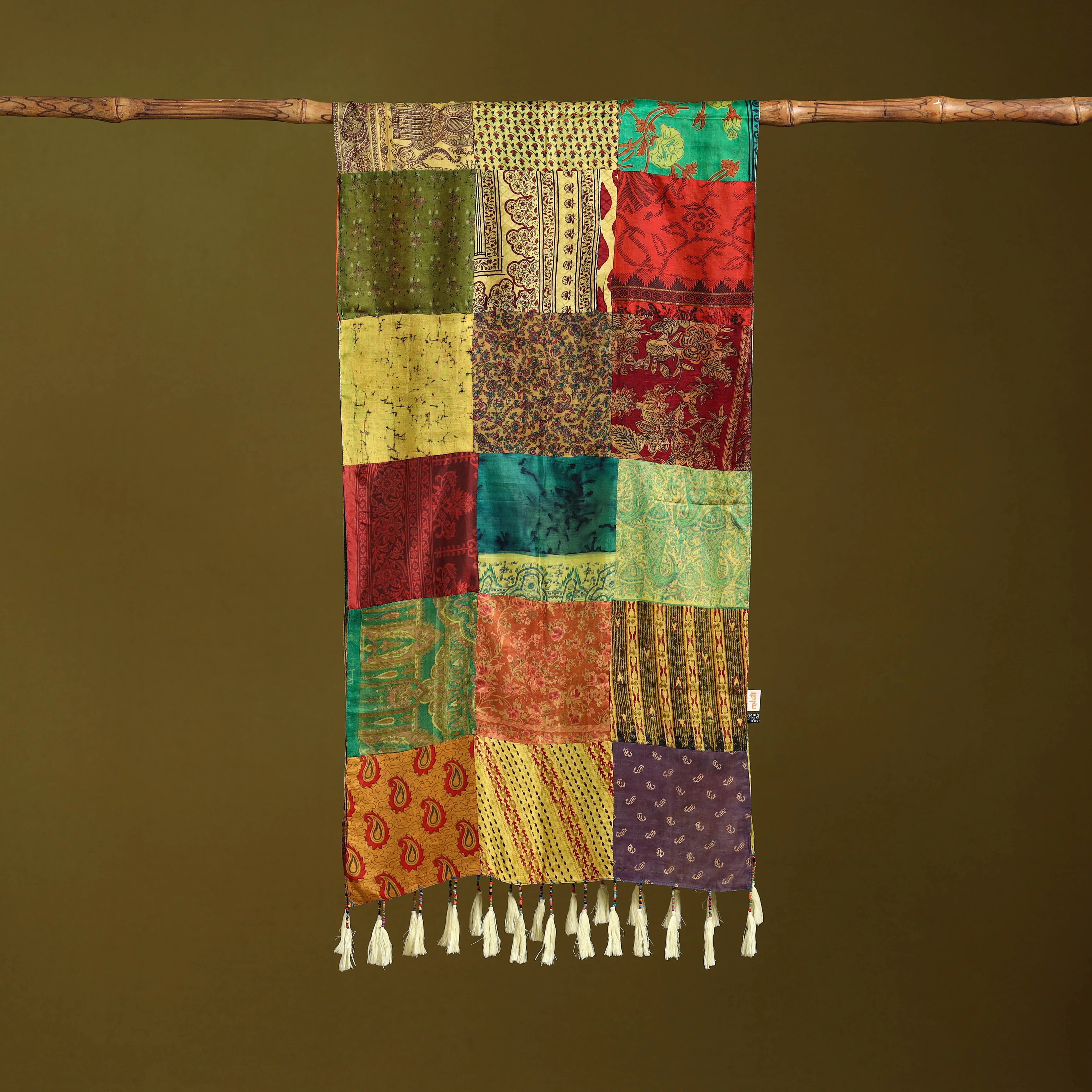Multicolor - Pure Silk Patchwork Stole with Tassels 28 - Image 3